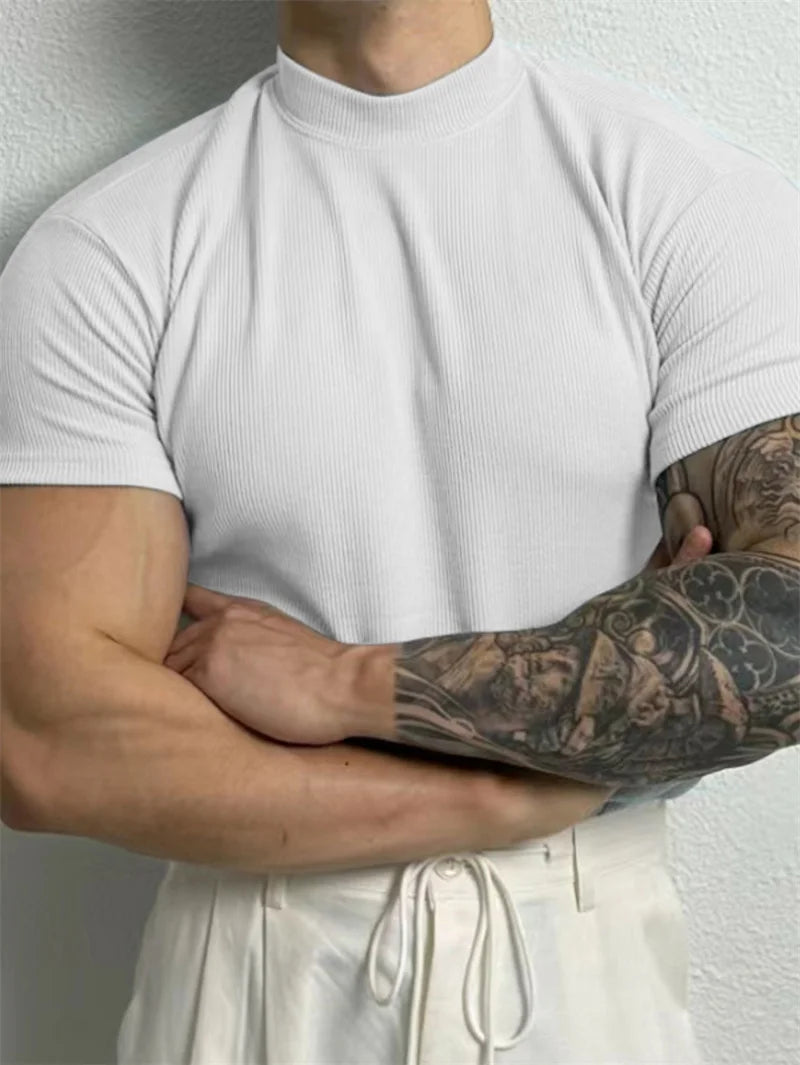 Mens High Collar Stripe Tee Short Sleeve Sportswear