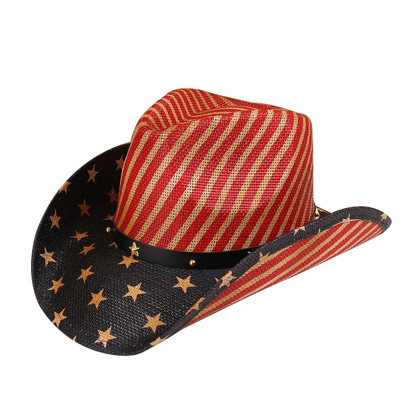 Outdoor New Classic American Flag Western Cowboy Hats Summer Women Sun Blocking Travel Cap Men Wide Brim Beach Party Fishing Hat
