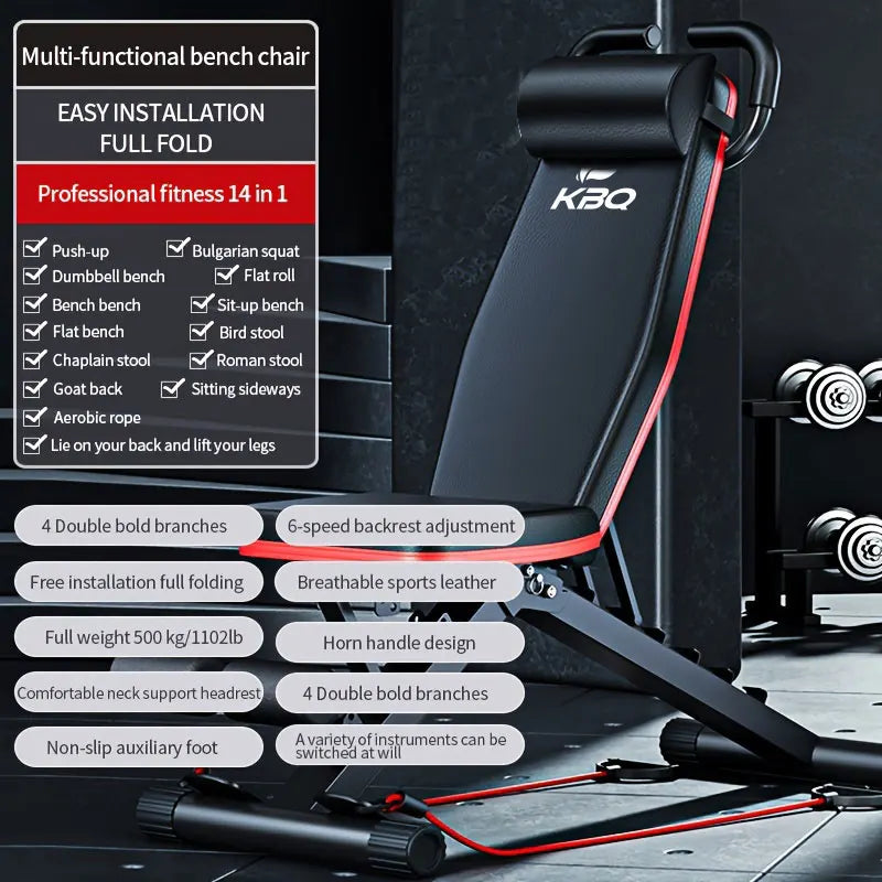 KBQ Adjustable Foldable Fitness Bench With Headrest And Tension Rope