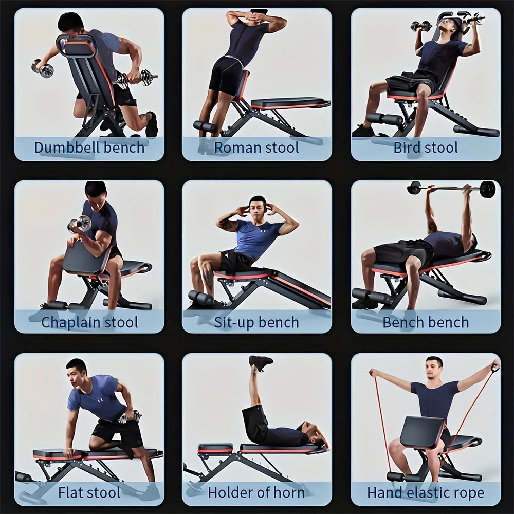 KBQ Adjustable Foldable Fitness Bench With Headrest And Tension Rope