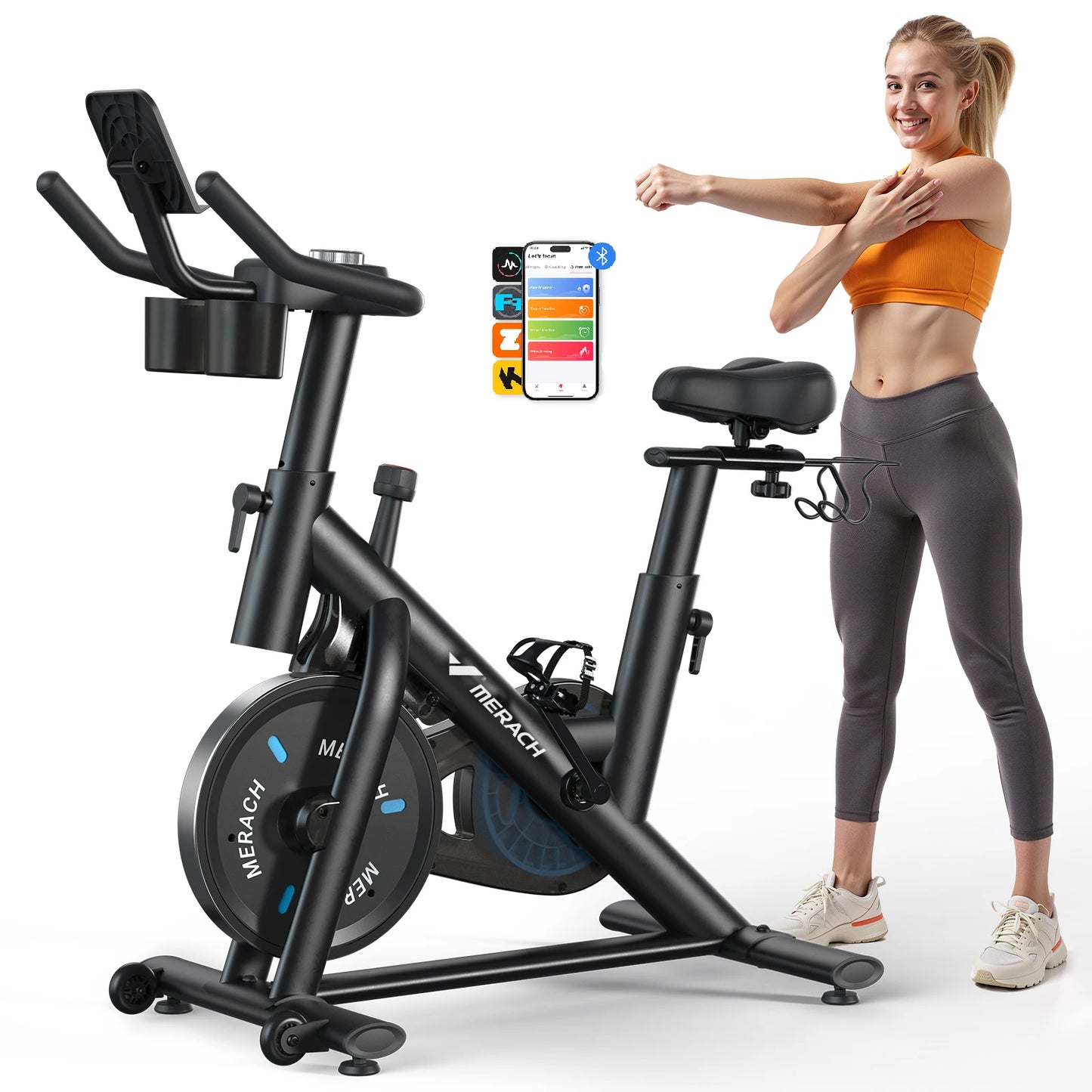 MERACH Exercise Bike Brake Pad/Magnetic Stationary Bike with Exclusive App Low Noise Indoor Cycling Bike with Fitness Courses B2