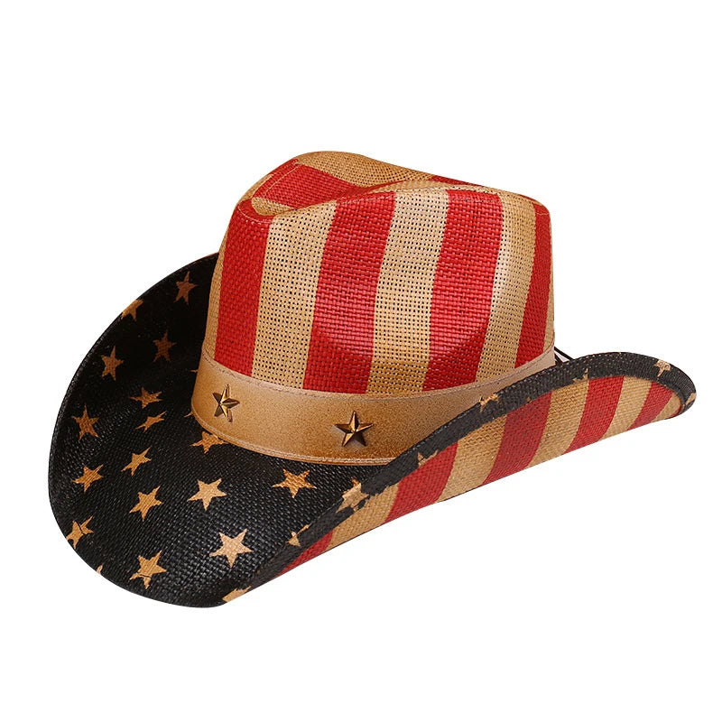 Outdoor New Classic American Flag Western Cowboy Hats Summer Women Sun Blocking Travel Cap Men Wide Brim Beach Party Fishing Hat
