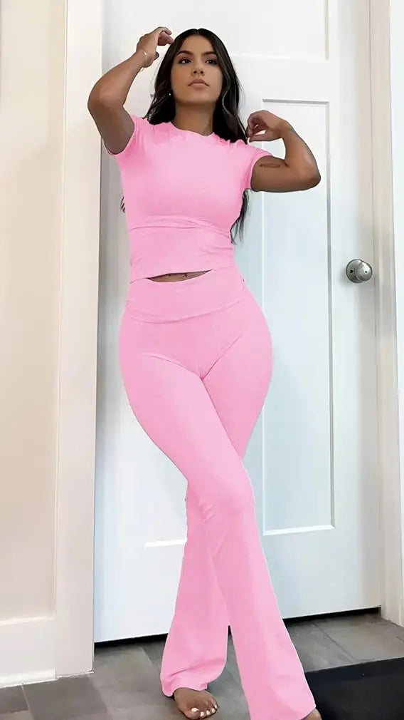 NONECN Womens Two Piece Yoga Set With Short Sleeve Top