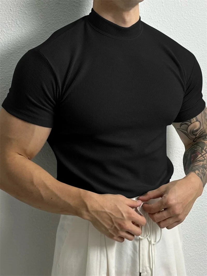 Mens High Collar Stripe Tee Short Sleeve Sportswear