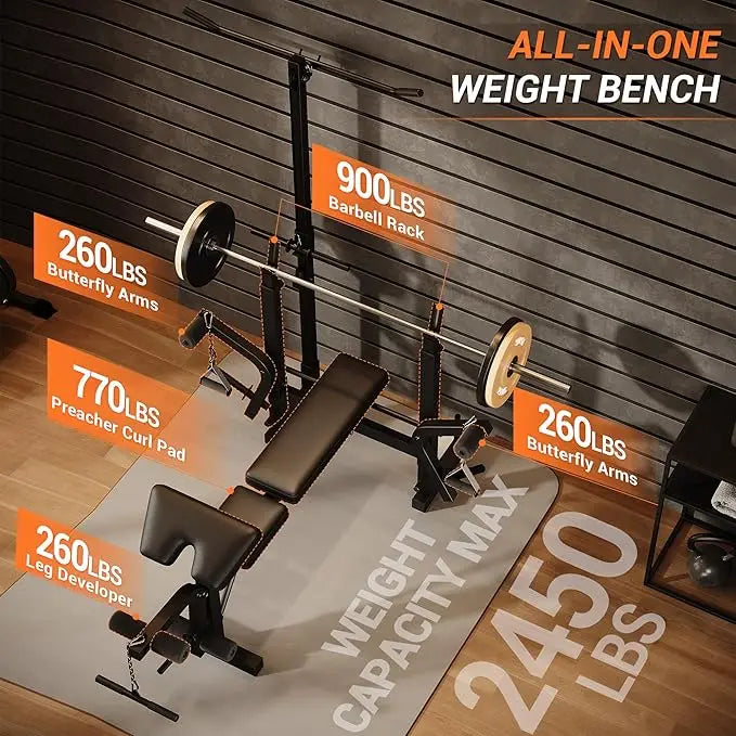 HiMISS 7-In-1 Weight Bench Set With Squat Rack Home Gym