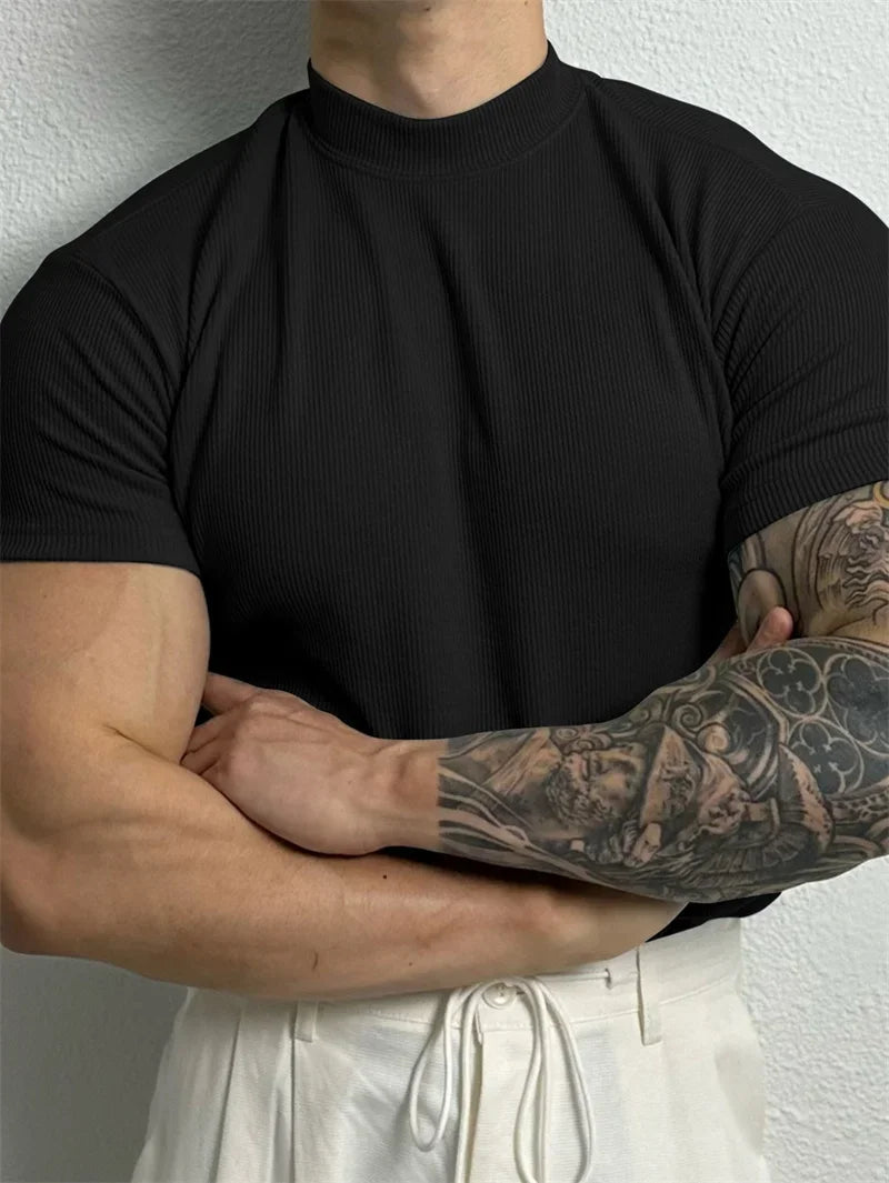 Mens High Collar Stripe Tee Short Sleeve Sportswear