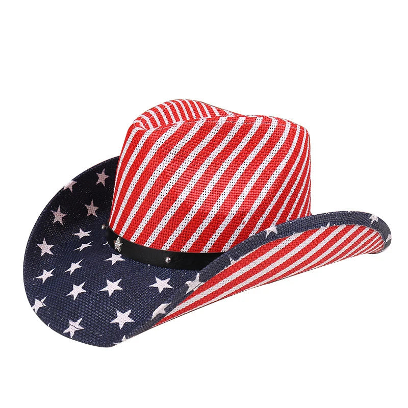 Outdoor New Classic American Flag Western Cowboy Hats Summer Women Sun Blocking Travel Cap Men Wide Brim Beach Party Fishing Hat