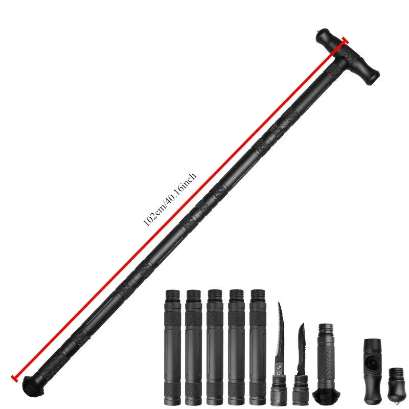 Tungsten Steel Multifunction Alpenstock T-type Self-defense Stick Detachable Walking Sticks Portable Folding Outdoor Camping
