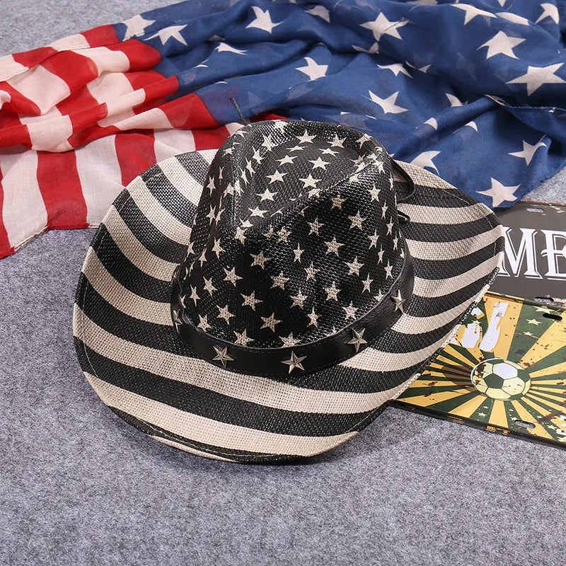 Outdoor New Classic American Flag Western Cowboy Hats Summer Women Sun Blocking Travel Cap Men Wide Brim Beach Party Fishing Hat