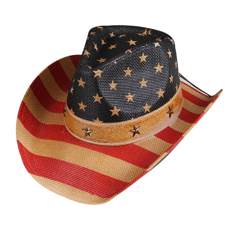 Outdoor New Classic American Flag Western Cowboy Hats Summer Women Sun Blocking Travel Cap Men Wide Brim Beach Party Fishing Hat
