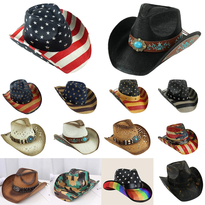 Outdoor New Classic American Flag Western Cowboy Hats Summer Women Sun Blocking Travel Cap Men Wide Brim Beach Party Fishing Hat
