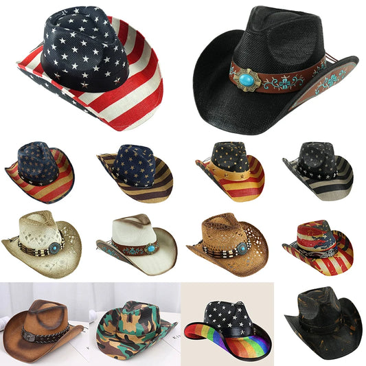 Outdoor New Classic American Flag Western Cowboy Hats Summer Women Sun Blocking Travel Cap Men Wide Brim Beach Party Fishing Hat
