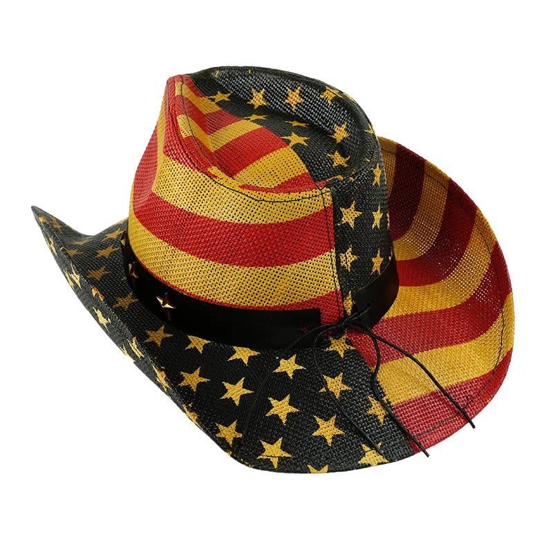 Outdoor New Classic American Flag Western Cowboy Hats Summer Women Sun Blocking Travel Cap Men Wide Brim Beach Party Fishing Hat