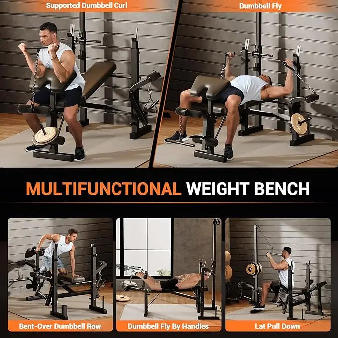 HiMISS 7-In-1 Weight Bench Set With Squat Rack Home Gym