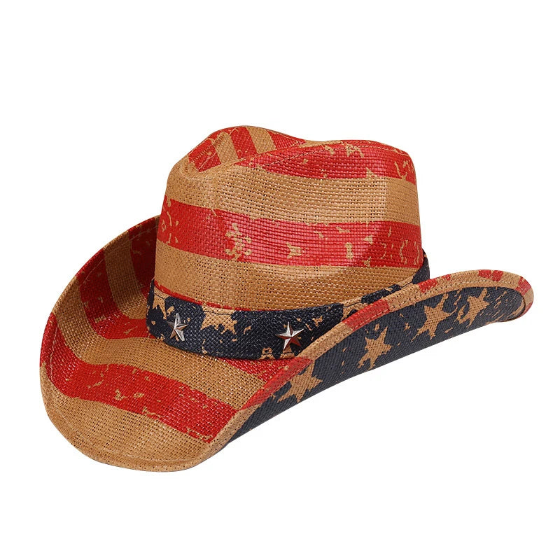 Outdoor New Classic American Flag Western Cowboy Hats Summer Women Sun Blocking Travel Cap Men Wide Brim Beach Party Fishing Hat