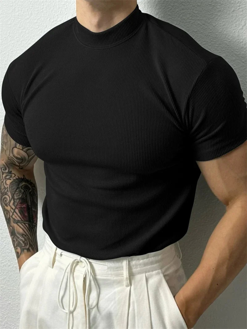 Mens High Collar Stripe Tee Short Sleeve Sportswear