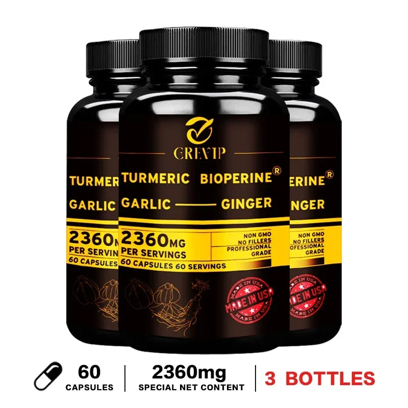 4-in-1 Turmeric Ginger Supplement - with Garlic Curcumin Black Pepper - Joints, Immune Support, Improves Digestion