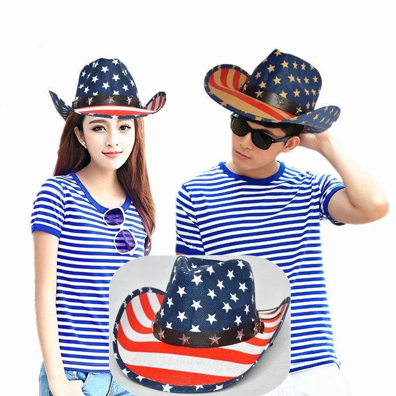 Outdoor New Classic American Flag Western Cowboy Hats Summer Women Sun Blocking Travel Cap Men Wide Brim Beach Party Fishing Hat