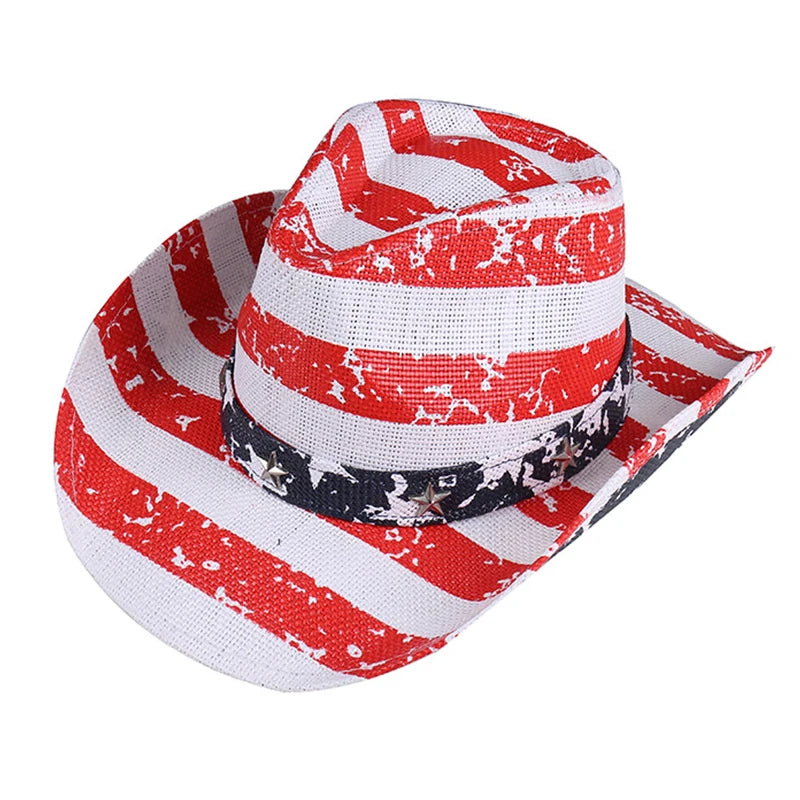 Outdoor New Classic American Flag Western Cowboy Hats Summer Women Sun Blocking Travel Cap Men Wide Brim Beach Party Fishing Hat