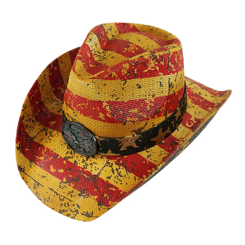 Outdoor New Classic American Flag Western Cowboy Hats Summer Women Sun Blocking Travel Cap Men Wide Brim Beach Party Fishing Hat