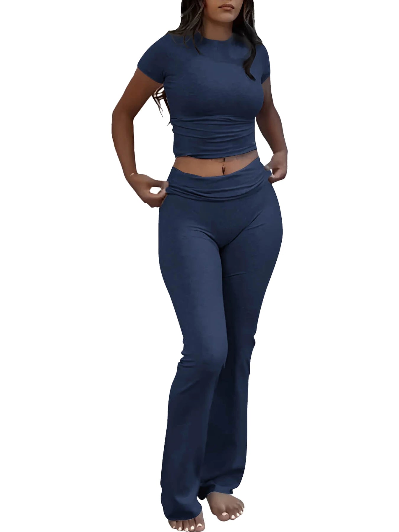 NONECN Womens Two Piece Yoga Set With Short Sleeve Top
