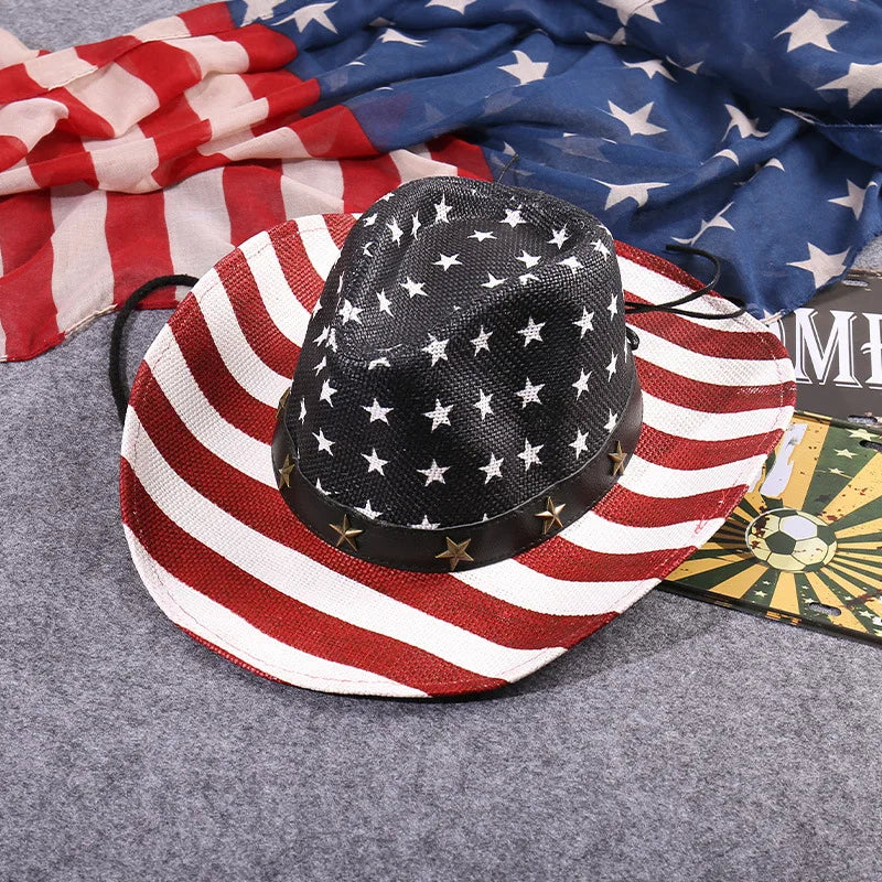 Outdoor New Classic American Flag Western Cowboy Hats Summer Women Sun Blocking Travel Cap Men Wide Brim Beach Party Fishing Hat