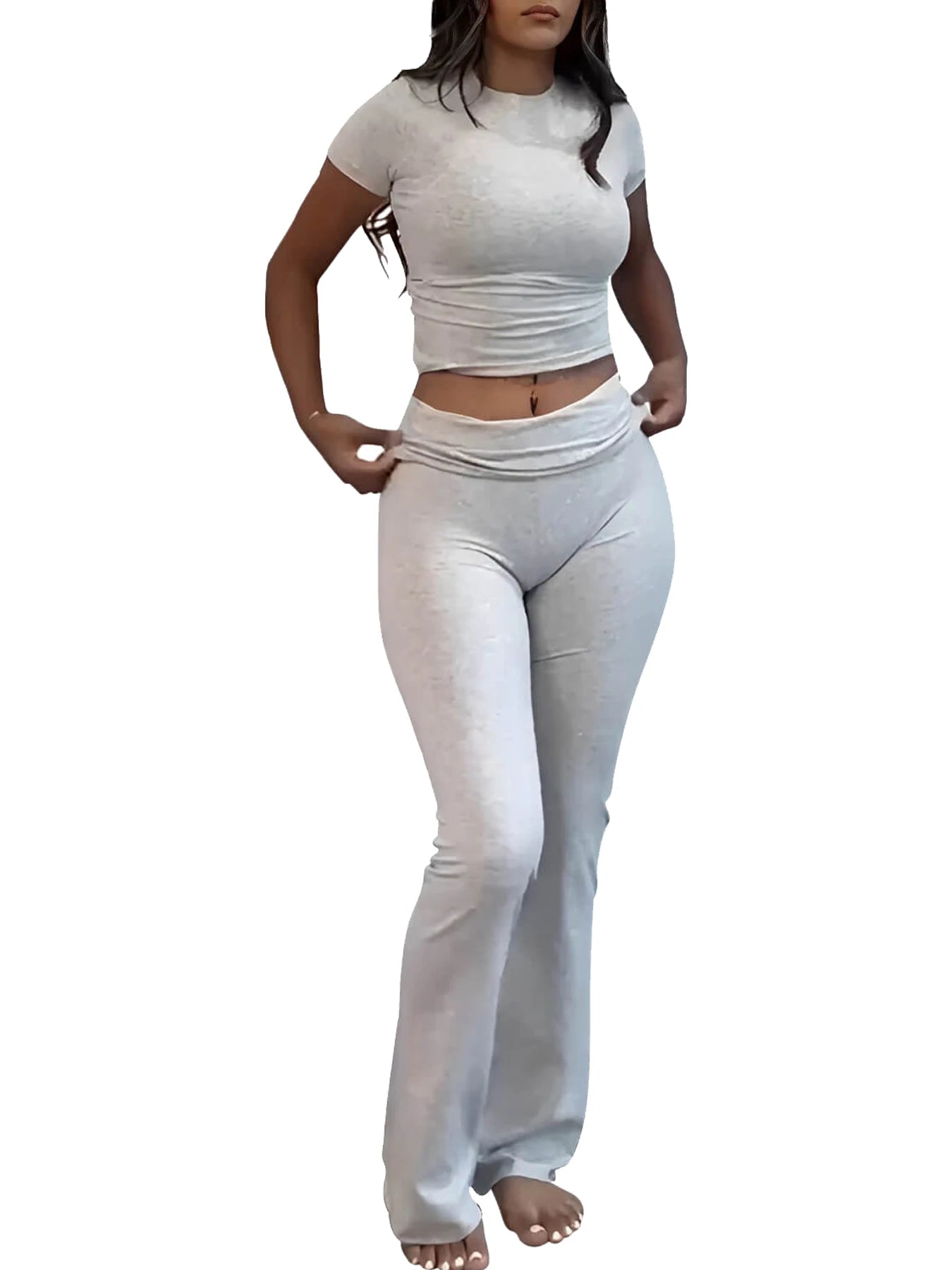 NONECN Womens Two Piece Yoga Set With Short Sleeve Top