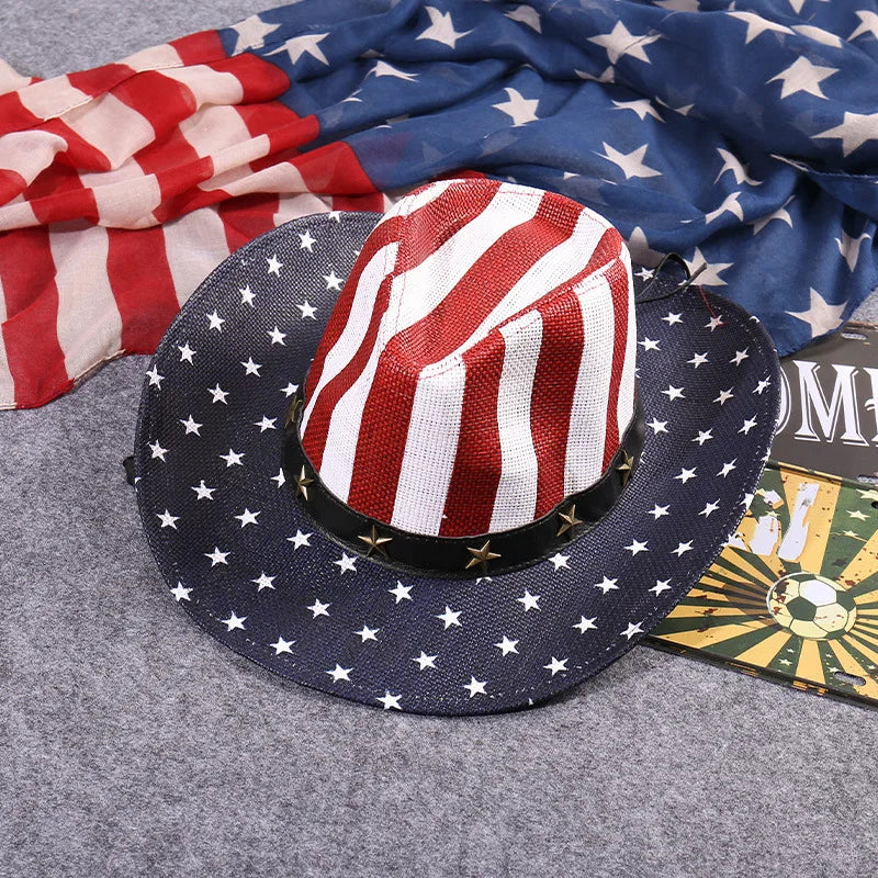 Outdoor New Classic American Flag Western Cowboy Hats Summer Women Sun Blocking Travel Cap Men Wide Brim Beach Party Fishing Hat