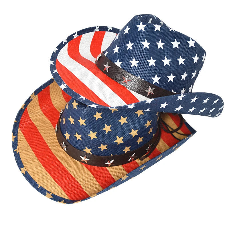 Outdoor New Classic American Flag Western Cowboy Hats Summer Women Sun Blocking Travel Cap Men Wide Brim Beach Party Fishing Hat