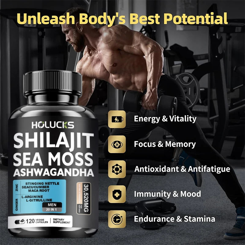 Premium Sea Moss Shilajit Ashwagandha Herbal Capsules, Boost Energy, Immune Support, Enhance Vitality & Overall Wellness