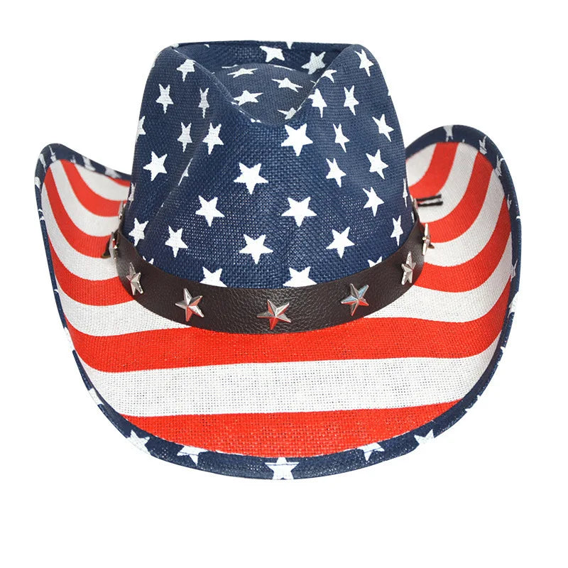 Outdoor New Classic American Flag Western Cowboy Hats Summer Women Sun Blocking Travel Cap Men Wide Brim Beach Party Fishing Hat