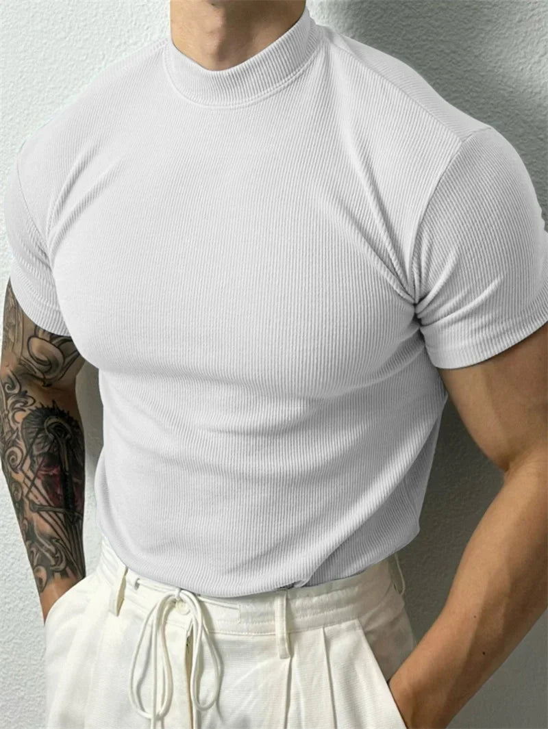 Mens High Collar Stripe Tee Short Sleeve Sportswear