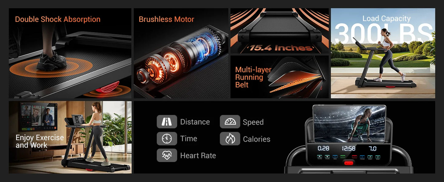 NONEDriving 3.0HP Brushless Foldable Home Treadmill HR Monitor