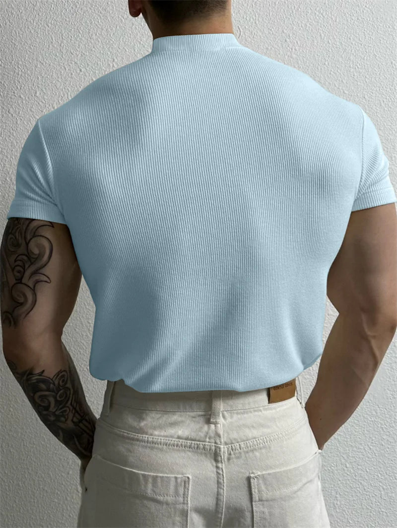 Mens High Collar Stripe Tee Short Sleeve Sportswear