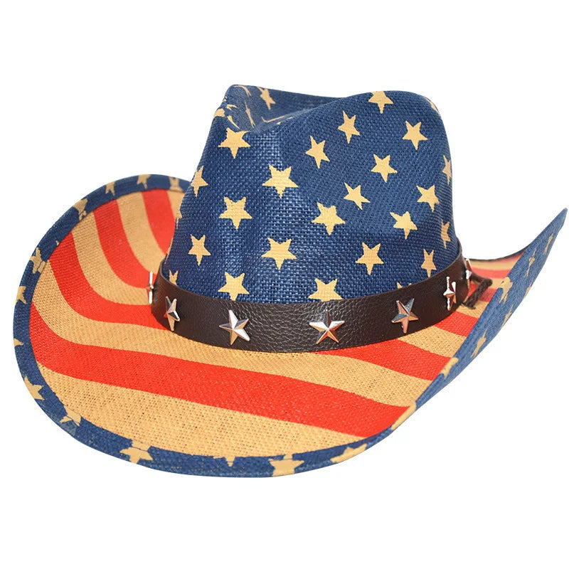 Outdoor New Classic American Flag Western Cowboy Hats Summer Women Sun Blocking Travel Cap Men Wide Brim Beach Party Fishing Hat
