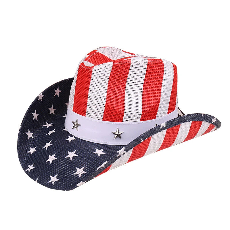 Outdoor New Classic American Flag Western Cowboy Hats Summer Women Sun Blocking Travel Cap Men Wide Brim Beach Party Fishing Hat