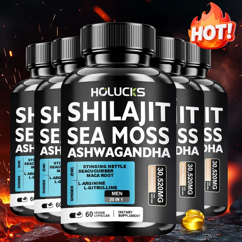 Premium Sea Moss Shilajit Ashwagandha Herbal Capsules, Boost Energy, Immune Support, Enhance Vitality & Overall Wellness