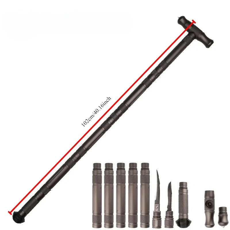 Tungsten Steel Multifunction Alpenstock T-type Self-defense Stick Detachable Walking Sticks Portable Folding Outdoor Camping