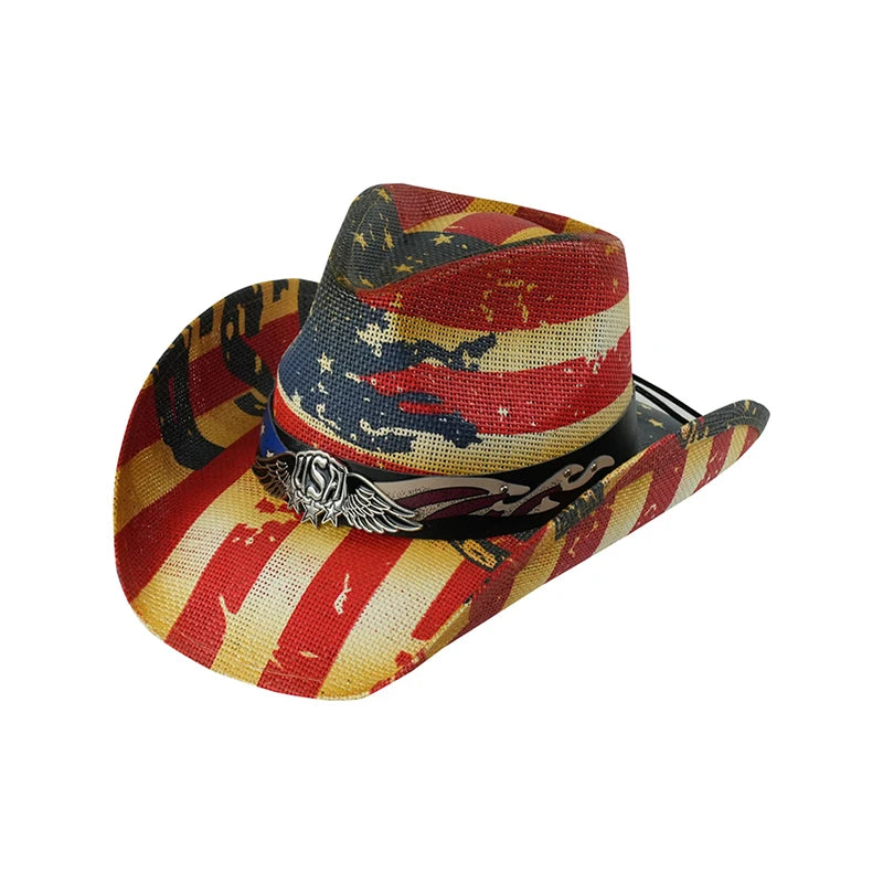 Outdoor New Classic American Flag Western Cowboy Hats Summer Women Sun Blocking Travel Cap Men Wide Brim Beach Party Fishing Hat