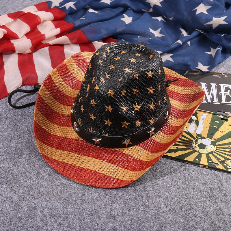 Outdoor New Classic American Flag Western Cowboy Hats Summer Women Sun Blocking Travel Cap Men Wide Brim Beach Party Fishing Hat