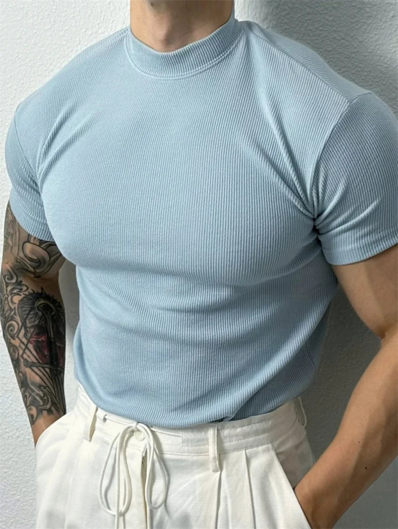 Mens High Collar Stripe Tee Short Sleeve Sportswear